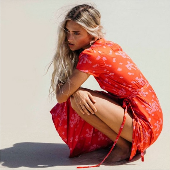 Billabong Red Floral Blossom Midi Wrap Dress